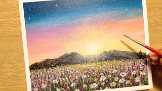 How to draw a sunset in a flower garden with acrylic paint / for beginners / Step by step