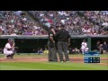 tex@cle home plate umpire hit twice stays in game