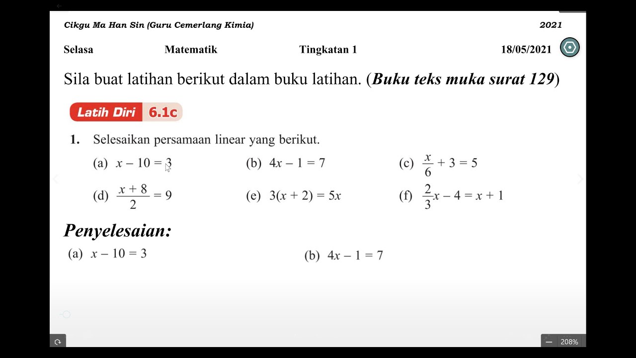 Persamaan Linear - Matematik Tingkatan 1 (Latih Diri 6.1c) - YouTube