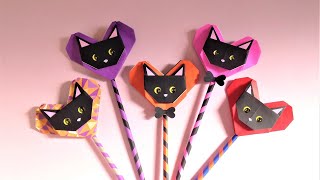 折り紙 ハロウィン ハートの黒猫のキャンディー棒 折り方Origami black cat heart Candy stick tutorial（niceno1）