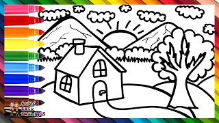 Draw and Color a Landscape 🏠🌳🌄🌈 Drawings for Kids