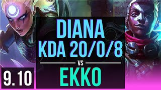 DIANA vs EKKO (MID) | KDA 20/0/8, 900+ games, Legendary | NA Grandmaster | v9.10