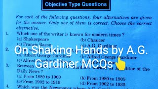 On Shaking Hands by A.G. Gardiner MCQs | On Shaking Hands Objective type Questions and answers