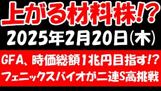 【上がる材料株！？】GFAが時価総額一兆円企業目指すらしい・・・、フェニックスバイオが二連ストップ高挑戦、くら寿司株主優待復活など！2025年2月20日（金）の日本株最新情報