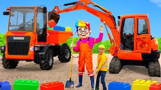 The Kids Play with an Excavator and Truck