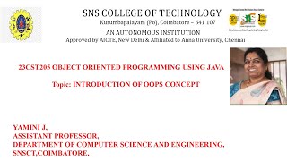 Introduction to OOPS| OOPS Using JAVA | SNS Institutions