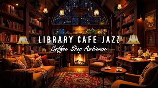 Cozy Rainy Night Library Cafe Ambience ~ Relaxing Jazz by the Fireplace with Rain Sounds for Study