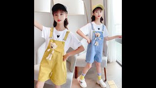 【2022 夏の生活応援セール】【120-170】全3色 韓国系 ハート柄 Ｔシャツ＋熊ぬいぐるみ付き オーバーオール 夏 子供服 女の子 2点セット