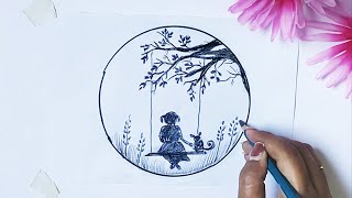 Beautiful Scenery Drawing - Simple Circle Nature Drawing Easy 😉
