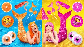 PINK VS ORANGE CHALLENGE ||Eating Only 1 Color Mermaid Food For 24 HRS! Rich VS Poor by 123 GO! FOOD