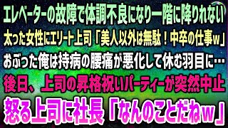 【感動する話】会社のエレベーターで倒れた太った女性を助けた俺。エリート上司「美人以外は中卒の仕事ｗ」おぶった俺は持病の腰痛が悪化→後日上司の昇格祝いが突然白紙に…怒る上司に社長「昇格？なんの