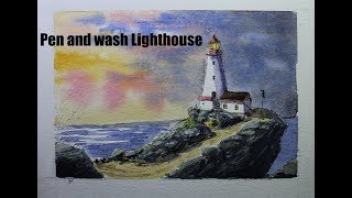 How to Draw and Paint a Lighthouse in Watercolor,line wash for beginner By Nil Rocha