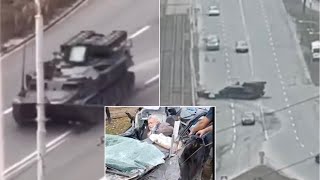 Russian military vehicle crushed Ukraine civilian car. Driver survived miraculously.