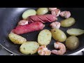 daily life vlog.27 meal for one person beef tenderloin with colorful peppers shrimp and mushroo