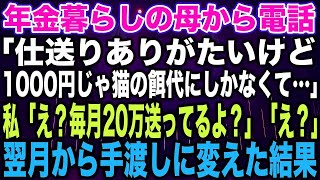 【スカッとする話】年金暮らしの母から電話「仕送りありがたいけど1000円じゃ猫の餌代にしかなくて…」私「え？毎月20万送ってるよ？」「え？」翌月から手渡しに変えた結果