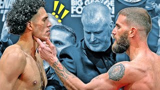 CALEB PLANT PUTS HAND ON DAVID BENAVIDEZ FACE AS NEAR BRAWL ALMOST BREAKS OUT AT WEIGH IN!