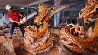 Wood carving - Lord Warrior fighting Dragon - Multiplatform MMORPG Gran Saga Huge Sculpture Amazing