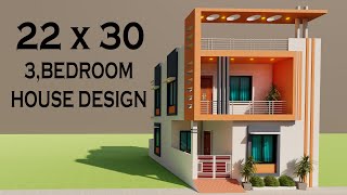 Corner 3 Bedroom House Elevation,3D 22 By 30 Makan Ka Naksha,Duplex Ghar Ka Design