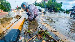 |Drain Massive Flood Rain Clogged On Street And School | Activity Remove Debris And Leafe Clog |