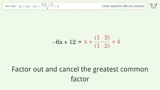 Linear equation with one unknown: Solve 2x+4(3-2x)=(3(2x+2))/6+4 step-by-step solution