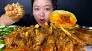 GHEE ROASTED MUTTON NALLI CURRY WITH BHATURA \u0026 RICE | SPICY MUTTON CURRY MUKBANG | BIG BITES