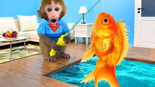 Monkey Baby Bon Bon  goes fishing and bathes with ducklings in the swimming pool