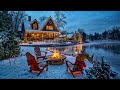 merry christmas in a cozy cabin lakeside winter ambience with relax snowfall u0026 warm crackle fire 4k