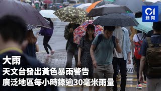 大雨｜天文台發出黃色暴雨警告　廣泛地區每小時錄逾30毫米雨量｜01新聞｜天文台｜天氣｜雷雨｜黃雨｜大雨