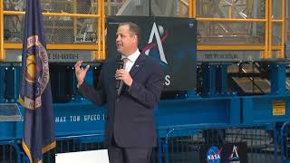 NASA Administrator Jim Bridenstine gives Artemis update with core stage of Space Launch System