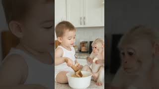 Cute baby with cute white monkey #baby #animals #cute #monkey