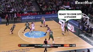 Milaknis comes off a stagger screen (Zalgiris- Olympiacos)