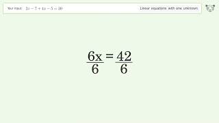 Linear equation with one unknown: Solve 2x-7+4x-5=30 step-by-step solution