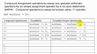 Java Assignment Operators in Somali