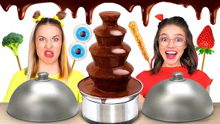 CHOCOLATE FOUNTAIN FONDUE CHALLENGE || Last To Stop Eating Chocolate VS Real Food By 123 GO! FOOD