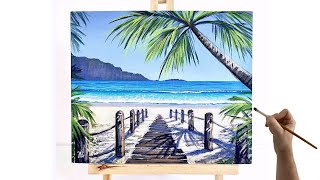 Tropical beach acrylic painting tutorial - How to paint a tropical beach with acrylics