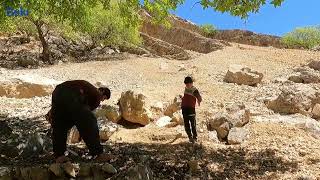 A nomadic man makes a platform under a tree and a nomadic woman prepares lunch