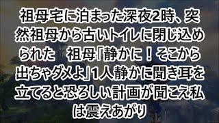 祖母宅に泊まった深夜2時、突然祖母から古いトイレに閉じ込められた   祖母「静かに！そこから出ちゃダメよ」1人静かに聞き耳を立てると恐ろしい計画が聞こえ私は震えあがり   【修羅場】