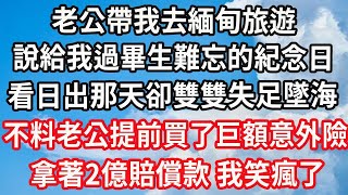 老公帶我去緬甸旅遊，說給我過畢生難忘的紀念日！看日出那天卻雙雙失足墜海！誰知老公竟提前買了巨額意外險！拿著2億賠償款 我笑瘋了！#心靈回收站