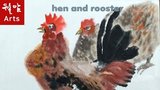 [wulam art TV] 닭한쌍 그리기 how to draw hen and rooster  watercolor  Korean art