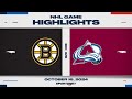 NHL Highlights | Bruins vs. Avalanche - October 16, 2024