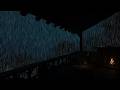 Dark forest, heavy rain, isolated cabin, warm fireplace glow. Escape and study in total comfort.