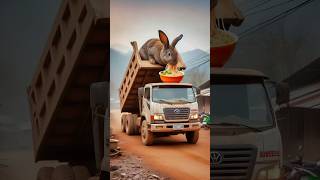 Evolution of a dump truck carrying a big rabbit eating noodles into a pink truck and hamsters