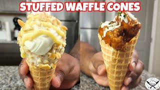 STUFFED WAFFLE CONES! | CHEESECAKE BANANA PUDDING AND CHICKEN & WAFFLES