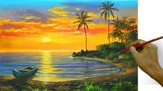 Acrylic Landscape Painting in Time-lapse / Tropical Sunset Beach with Boat / JMLisondra