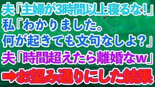 【スカッとする話】亭主関白夫「主婦が3時間以上寝るな！」私「わかりました。何が起きても文句なしよ」夫「時間超えたら離婚なw」→お望み通りにした結果www【修羅場】