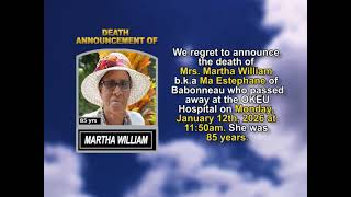 Martha William ~ Short Obituary