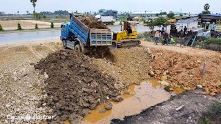 Well action dozer D31P process fill land delete flooded connect road with many dump truck 10Ton