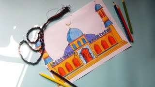 How To Draw A Mosque | Mosque Drawing Tutorial With Colour | Colour Mixing | Pencil Crayon