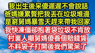 我出生後呆傻遲遲不會說話，爸媽嫌累贅把我丟在垃圾堆邊！是窮舅媽暴雪天趕來帶我回家，我快凍僵卻抱著袋垃圾不肯放，村裏人嘲舅媽傻養個賠錢貨，不料袋子打開後我們驚呆了 #笑看人生#爽文#情感故事#晓晨的书桌