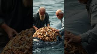 An elderly fisherman clears the back of a majestic old whale of barnacles